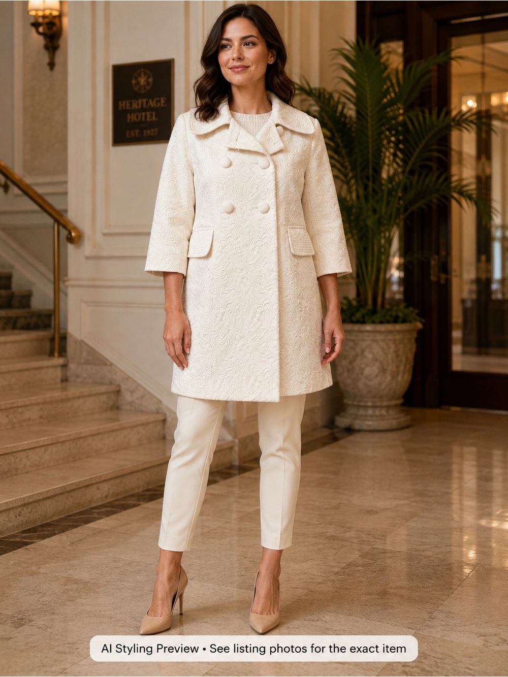 Kensie Ivory Jacquard Textured Double Breasted Occasion Coat Women’s S